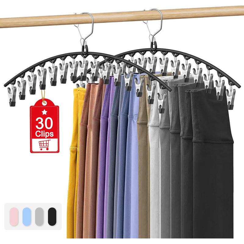 Upgrade Skirt Pants Hangers with Clips, Legging Organizer for Closet Hanging with 15 Cilps Holds 30 Leggings/Shorts/Jeans/Skirts Pants Hangers Space Saving Closet Organizers and Storage, Black 2Pack