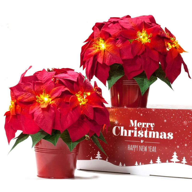 2 Pack Christmas Decorations Pre-Lit Artificial Poinsettia Plant - Led Lighted