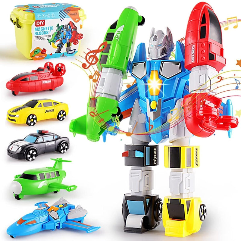 5 In 1 Magnetic Vehicles Playset Toy, Transform To Robot, Mix & Match Assembli