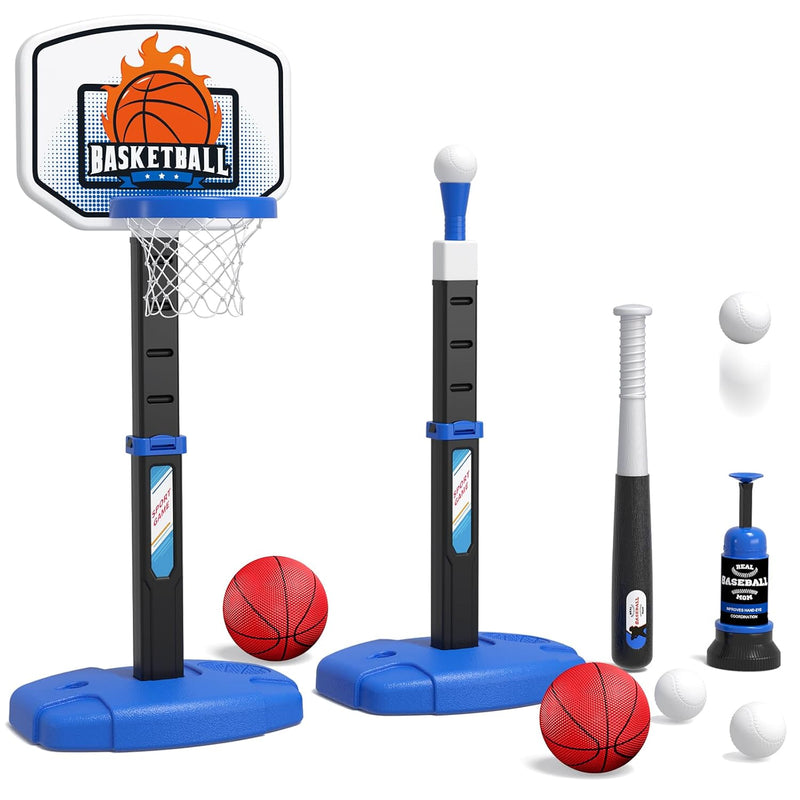 2 In 1 Toddler Basketball Hoop And T Ball Set With Automatic Pitching Machi