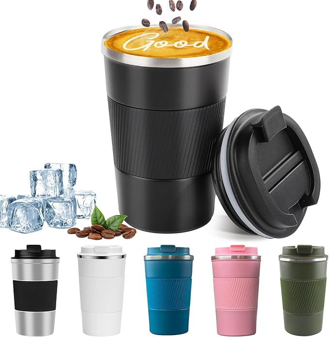 Insulated Travel Coffee Mug Spill Proof Leak Proof Pobtable To Go Camping Stainless Steel Coffee Tumbler Reusable Coffee Cups with Lids Thermos for Hot and Cold Drink (Black, 12 OZ)