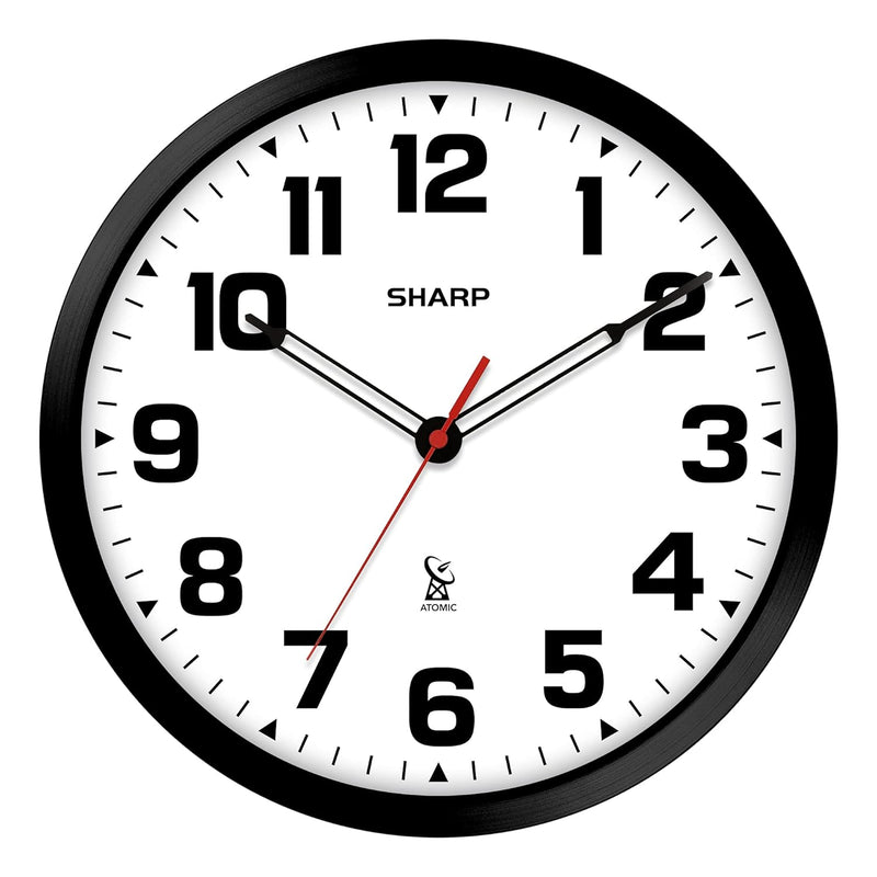 Atomic Analog Wall Clock - 12" Black Stylish Frame - Sets Automatically- Batte