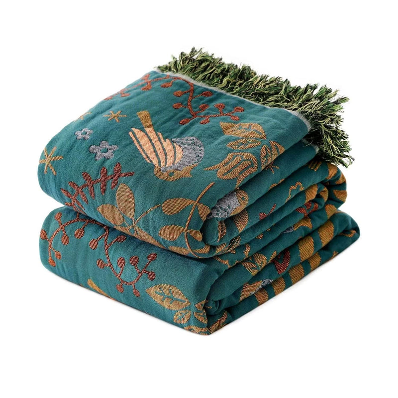 Boho Throw Blanket For Bed - 100% Cotton Ultra Soft Rustic Quilt - Bird Floral