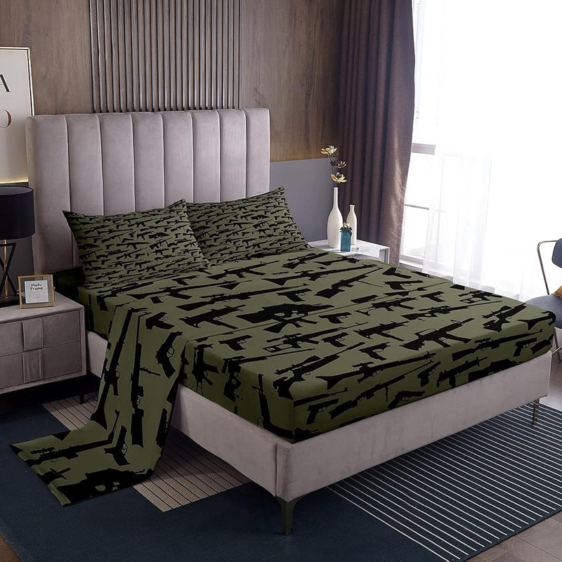 Machine Guns Bed Sheet Set Queen Size For Boys Teens Men Bedroom Military Them