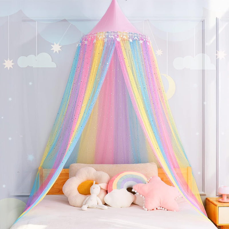 Rainbow Bed Canopy For Girls,Shiny Kids Princess Round Dome Bed Curtain With S