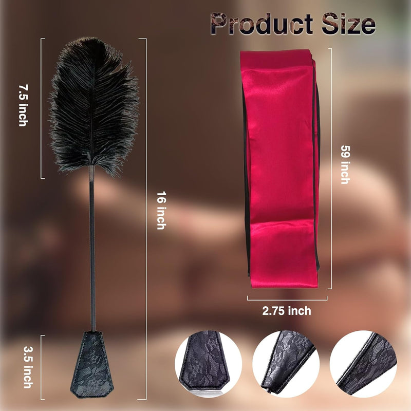 Feather Tickler, 16-Inch Teaser For Bdsm Play & 59-Inch Satin Blindfold Set For Couples, Romantic Adult Fetish Kit