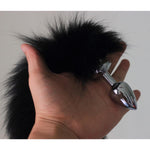 Real Fox Fur Tail Stainless Steel Anal Plug Set - Sensual Adult Toy & Cosplay Accessory (Black, Small Plug)