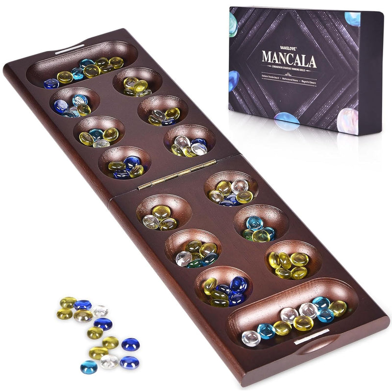 Wooden Mancala Board Game With Magnetic Lock / 48+8 Extra Multi Color Glass