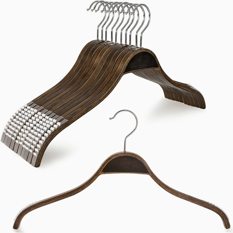 Slim Natural Wood Hangers With Extra Soft Non-Slip Rubber Grips, 10-Pack High-Gr