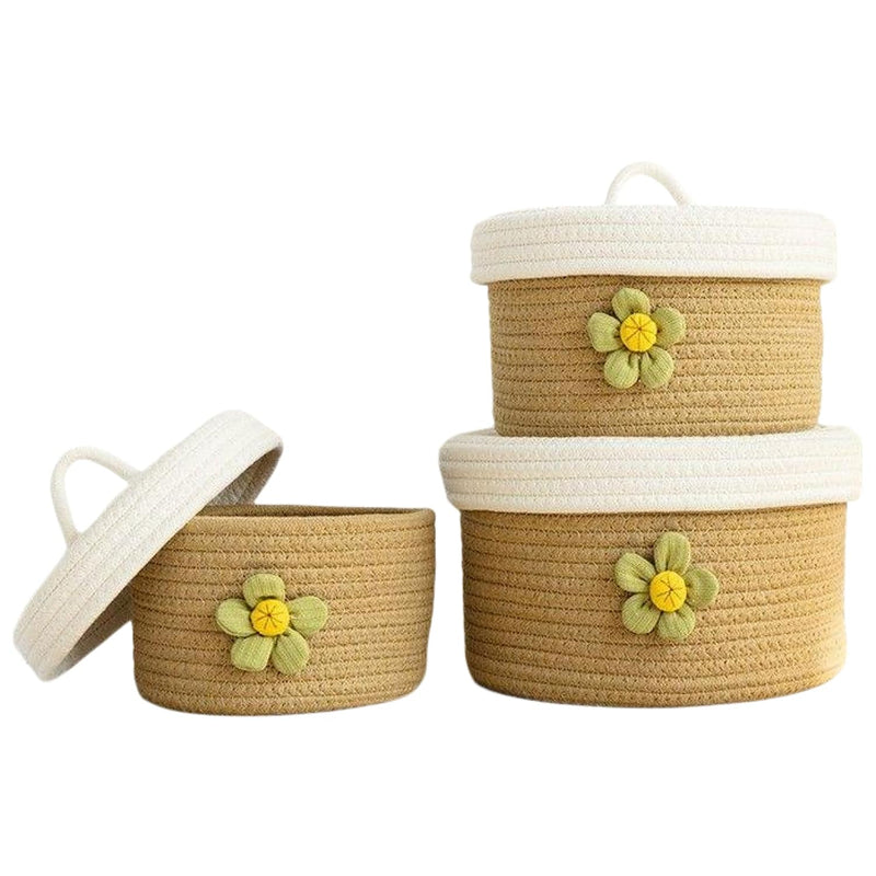 A Set Of Three Large Covered Storage Baskets, Handmade Woven Fresh Style Desktop