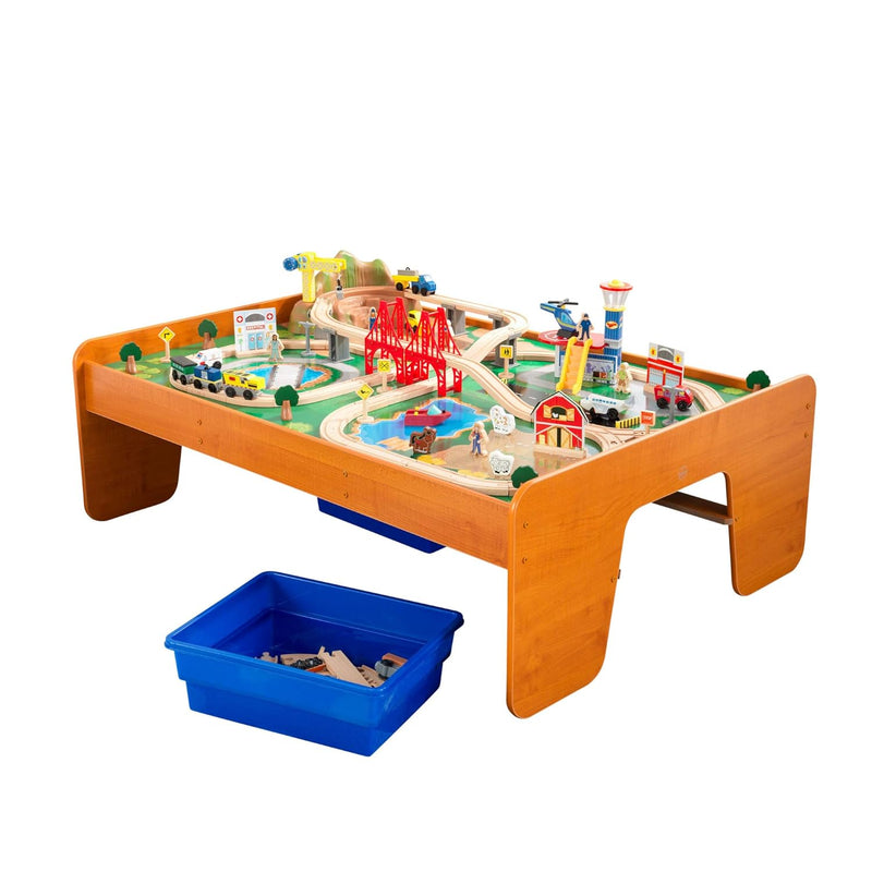 KidKraft Ride Around Town Wooden Train Set and Table with Helicopter, Airpl