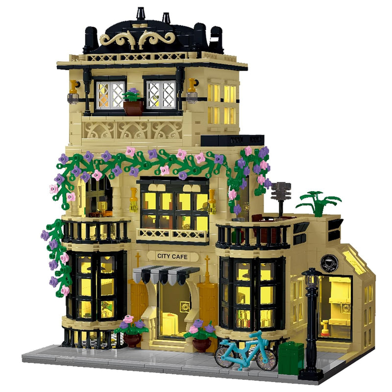 City Cafe Building Block Set With Led Light, 1443 Pcs Modular Architecture