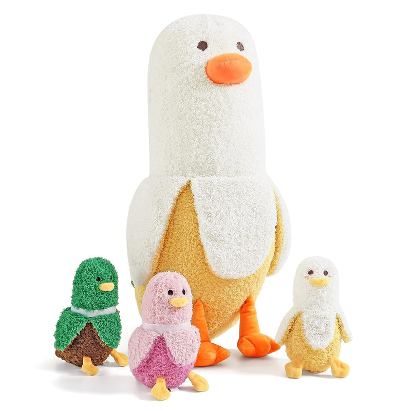 Banana Duck Plush Mommy 19.7" With 3 Cute Banana Duck Plushies, 4 Piece Ban