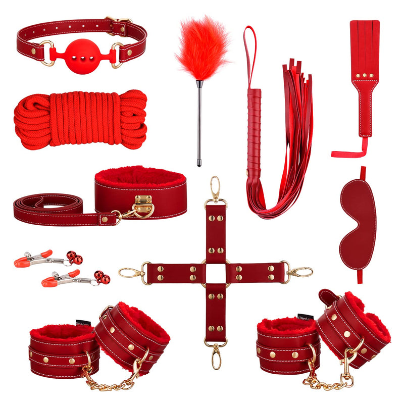 Sex Bondage Bdsm Kit Restraints - Upgrade 11Pcs Sets With Adjustable Handcuffs Collar Ankle Cuff Blindfold Feather Tickler Adult Games Sex Toys For Men Women And Couples Foreplay | Red