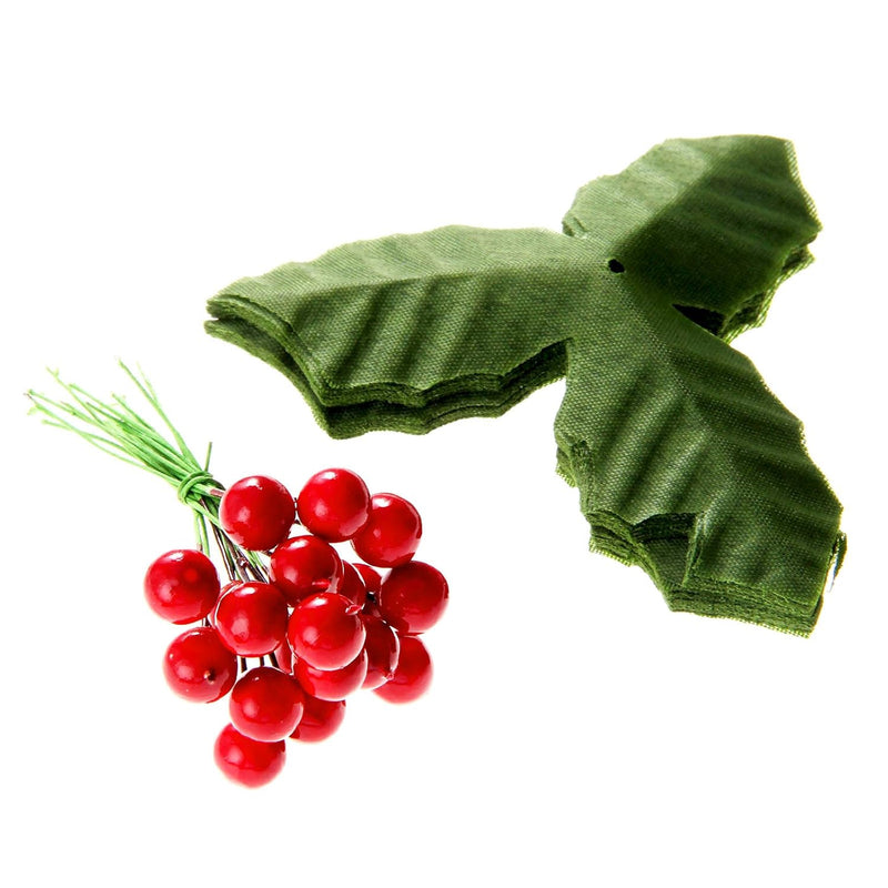 50 Pack Artificial Red Berry Stems And 50 Pack Green Leaves, Christmas Holly B