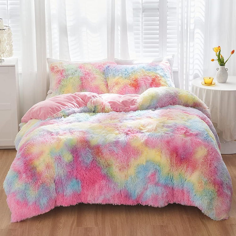 Plush Shaggy Duvet Cover Set Full Size Faux Fur Rainbow Tie Dye Comforter Cove