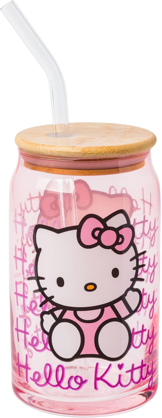 Sanrio Hello Kitty Waving Pink Glass Jar Tumbler with Bamboo Lid and Glass Straw, 16 Ounces