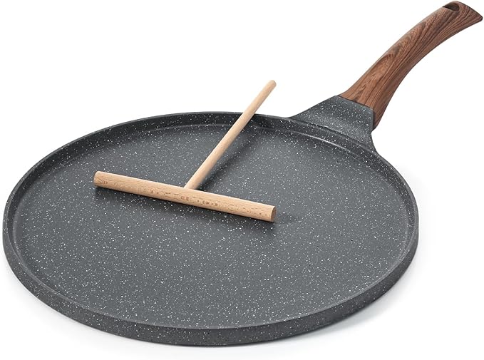 Nonstick Crepe Pan, Swiss Granite Coating Dosa Pan Pancake Flat Skillet Tawa Griddle 10-Inch with Stay-Cool Handle, Induction Compatible, PFOA Free