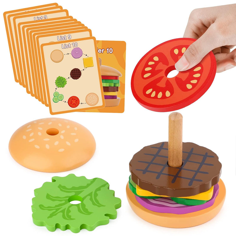 Montessori Toys for 3 Year Old - Wooden Burger Stacking Toys for Toddlers a