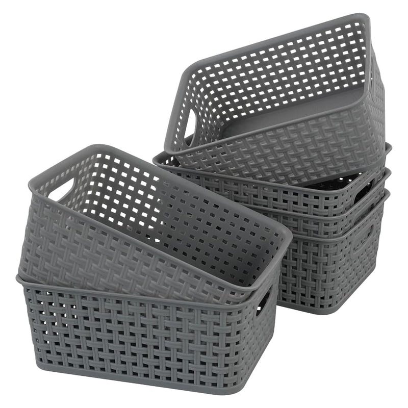 6-Pack Plastic Storage Baskets, Gray Pantry Storage Basket Bin