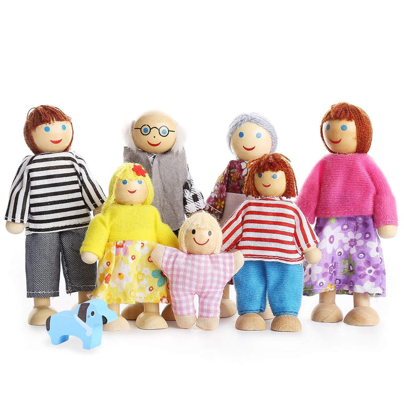 Lovely Happy Family Dolls Playset Wooden Figures Set Of 7 People With Dog F
