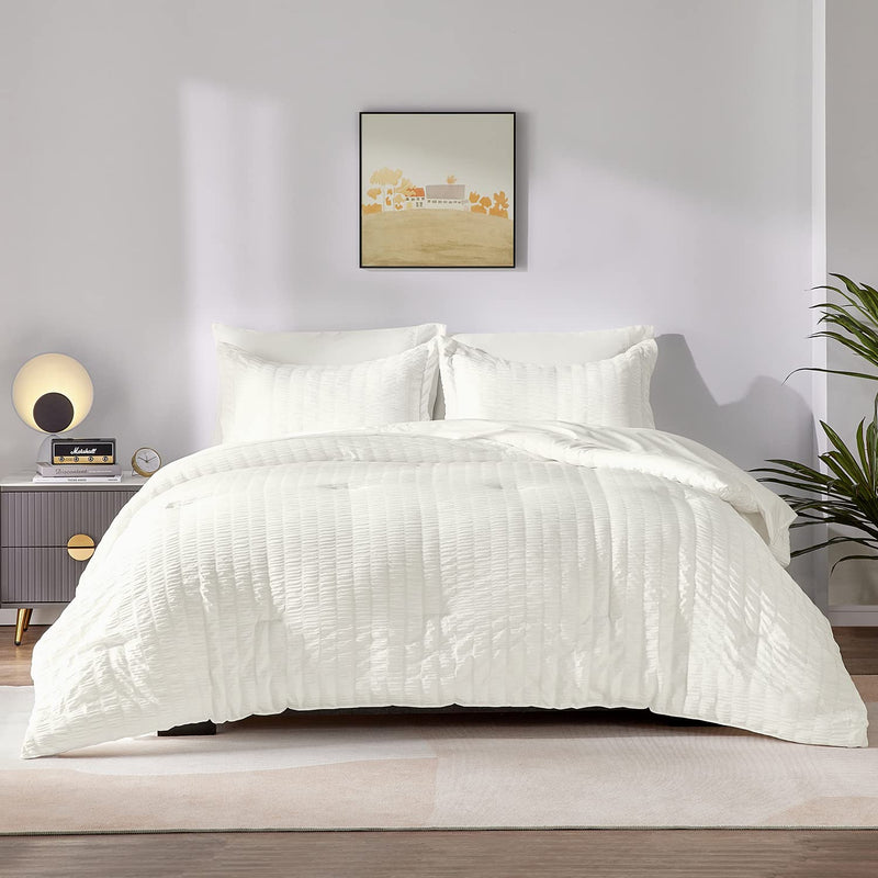 Full Seersucker Comforter Set With Sheets Ivory Bed In A Bag 7-Pieces All Seas