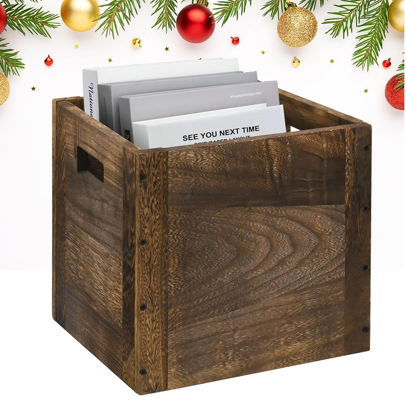 Wood Decorative Storage Cube Boxes With Handles, Rustic Brown Large Storage Bask