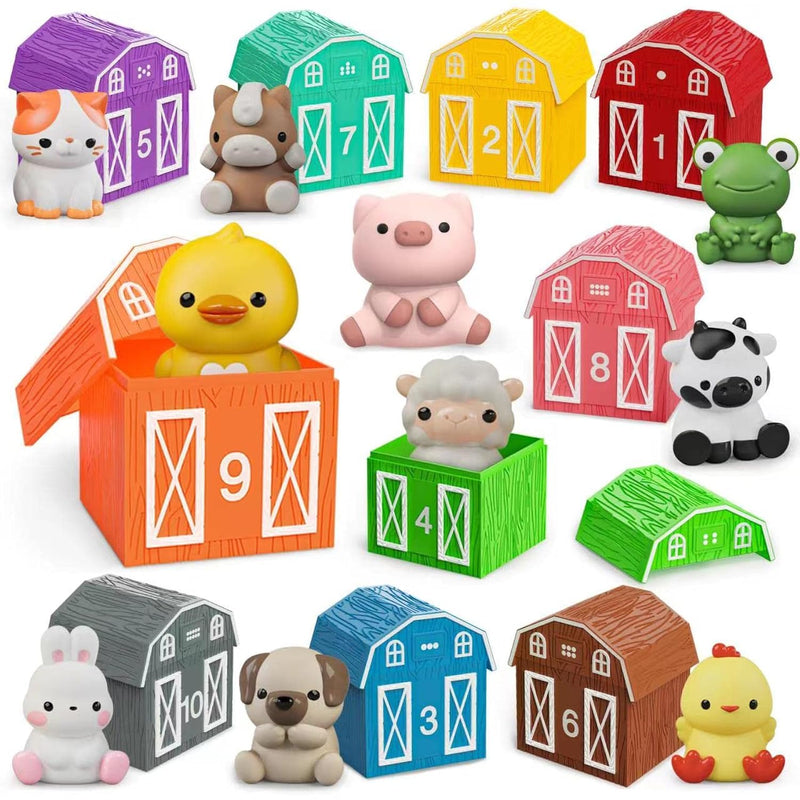 Learning Toy For Toddlers 1 2 3 Year Old, 10 Farm Animal Toys & 10 Barns, C