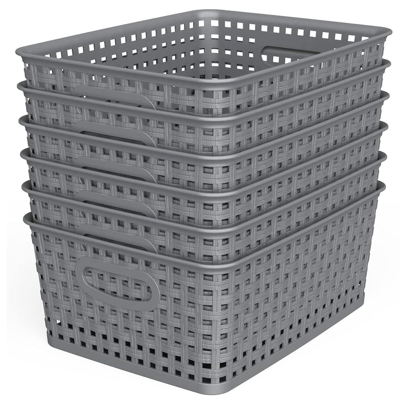 Weave Storage Organizer Baskets, Grey 6-Pack Plastic Woven Baskets, 10.1" X 7.55