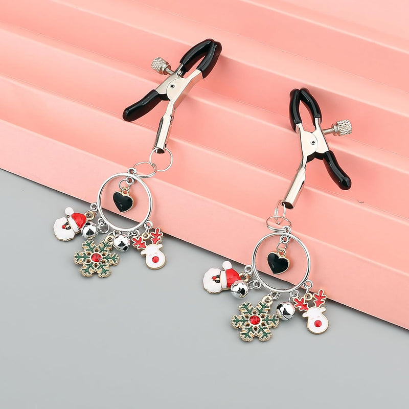 Sexy Nipple Clamps Non Piercing For Women, Adjustable Nipple Clips Non Pierced With Christmas Elements And Bells, Decorative Body Jewelry Nipple Toys, Breast Clamps Novelty (Style I, Black)