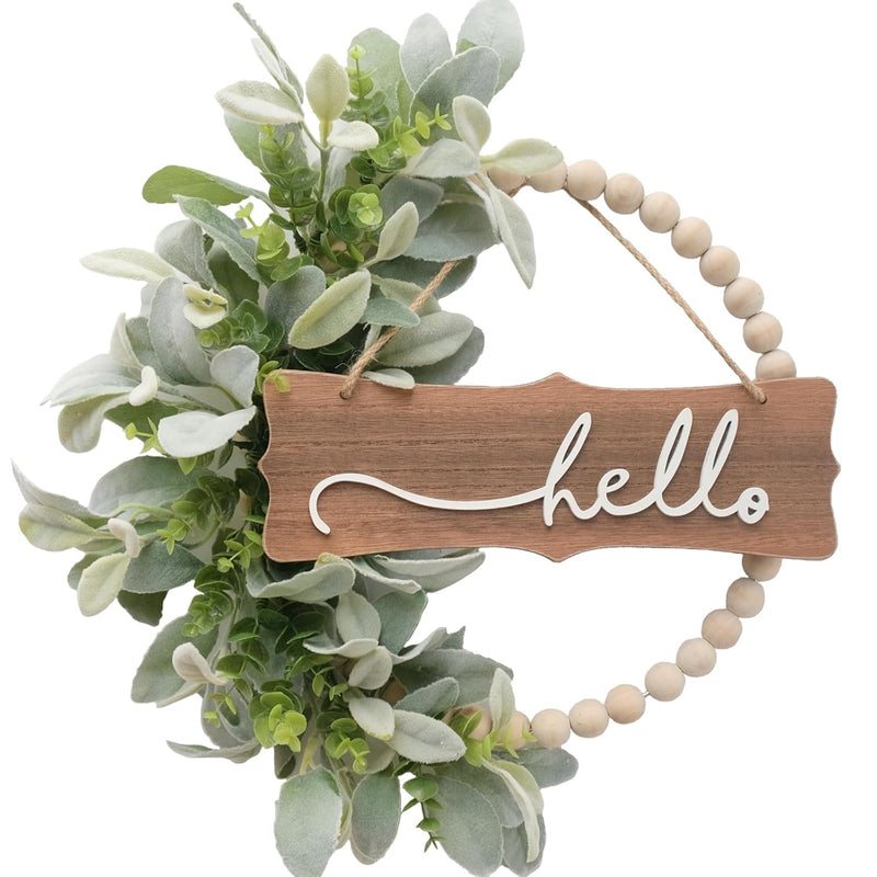 Winters Wreath For Front Door, Wood Bead Wreaths With Artificial Lambs Ears Le
