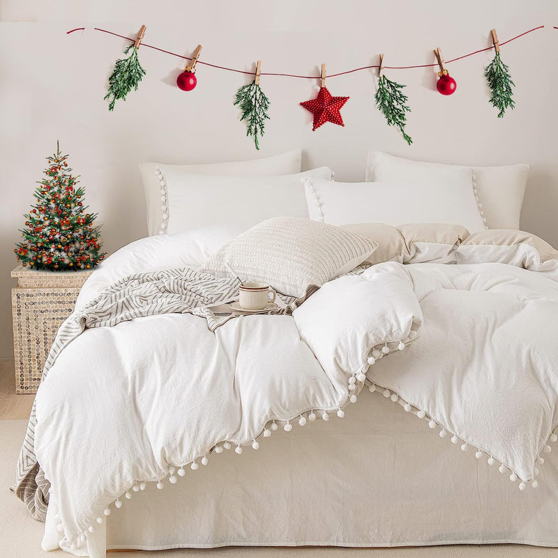 White Comforter Twin Boho Comforter Cute Pom Ball Fringe Farmhouse Bedding Twi