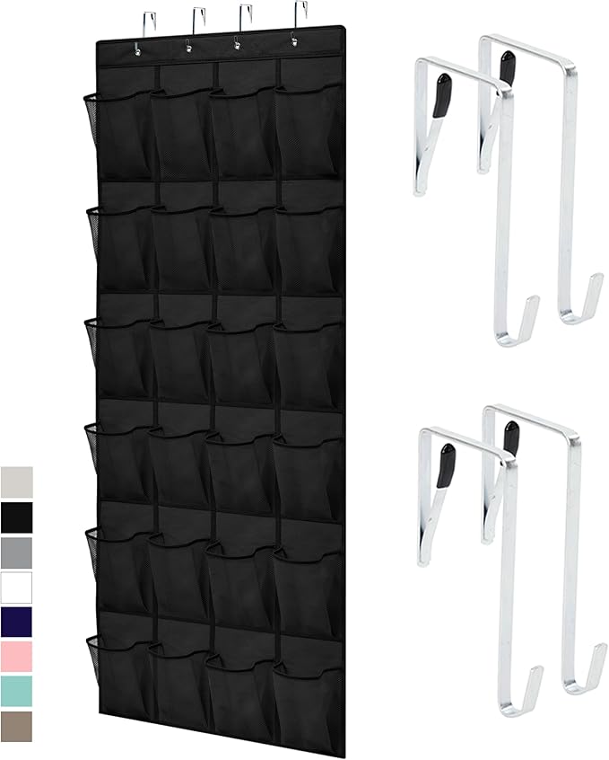 Over the Door Shoe Organizer, 24 Large Breathable Mesh Pockets, Space Saving Hanging Storage Holder, Closet Rack Hanger Holds Up to 40 lbs, Hangs on Closets for Shoes, Accessories, Black