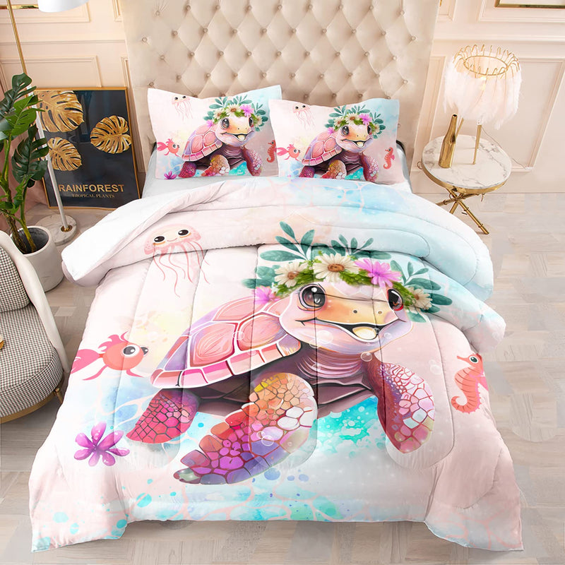 Kawaii Sea Turtle Comforter Set Full Size,Ocean Theme Bedding Set For Girls Ki