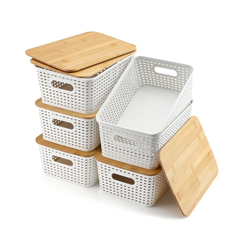 Storage Bins With Bamboo Lid Plastic Storage Baskets Lidded Pantry Organization