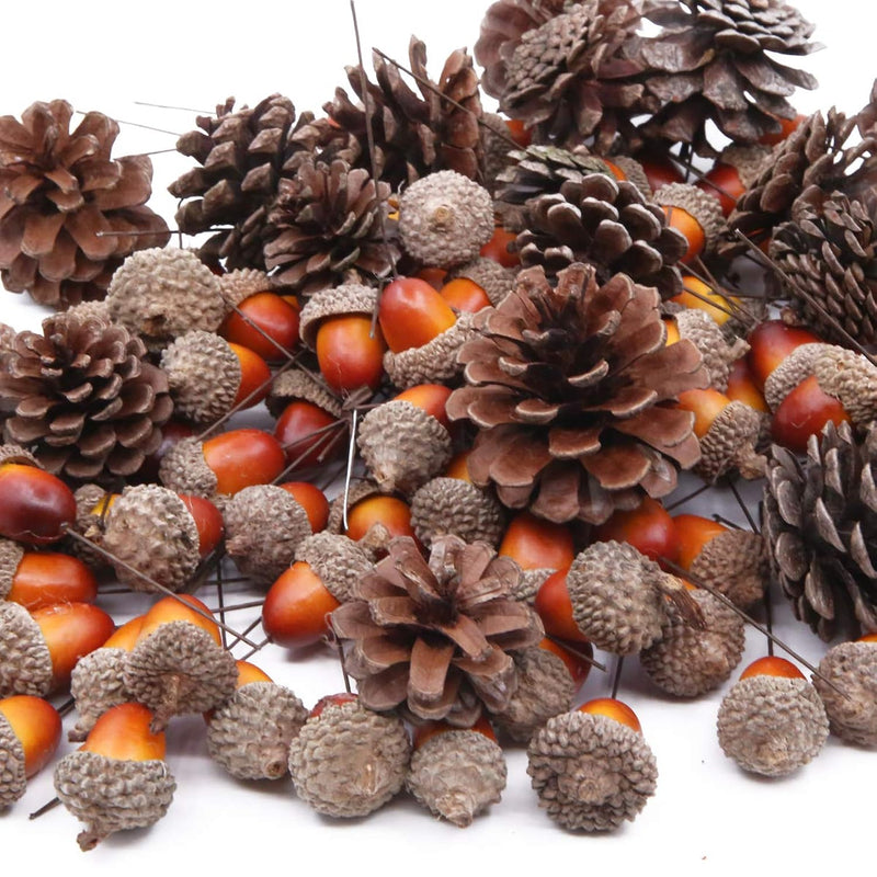 Total 120 Pcs Artificial Acorns And Natural Pinecones Ornament Set For Home Ho