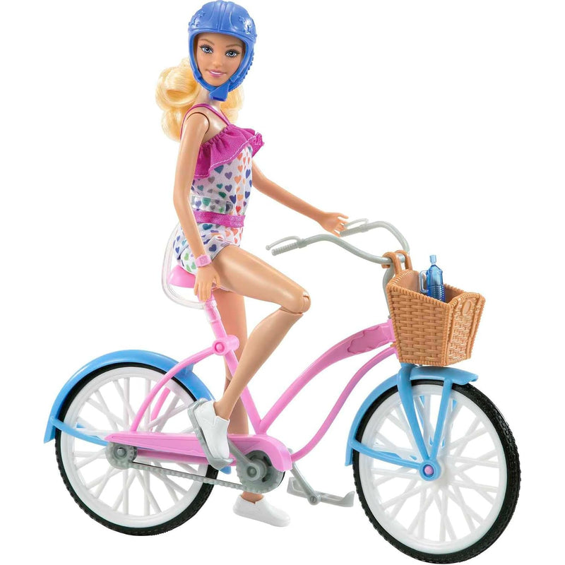 Barbie Doll & Bike Set with Accessories, Blonde in Rainbow Romper with Pink