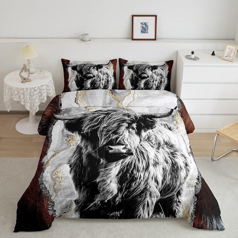 Highland Cow Comforter Set King,Bull Cattle Bedding Set,Gold Grey Marble Duvet