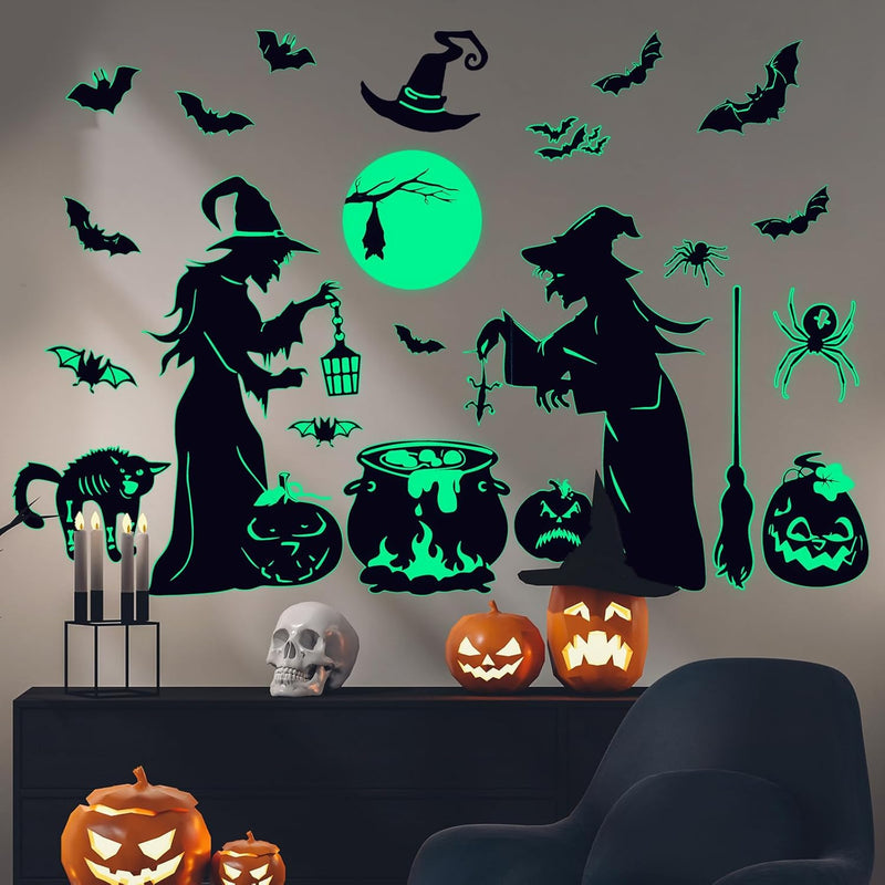 2 Sheet Halloween Witch Glow In The Dark Wall Stickers Witch Bat Pumpkin Spide
