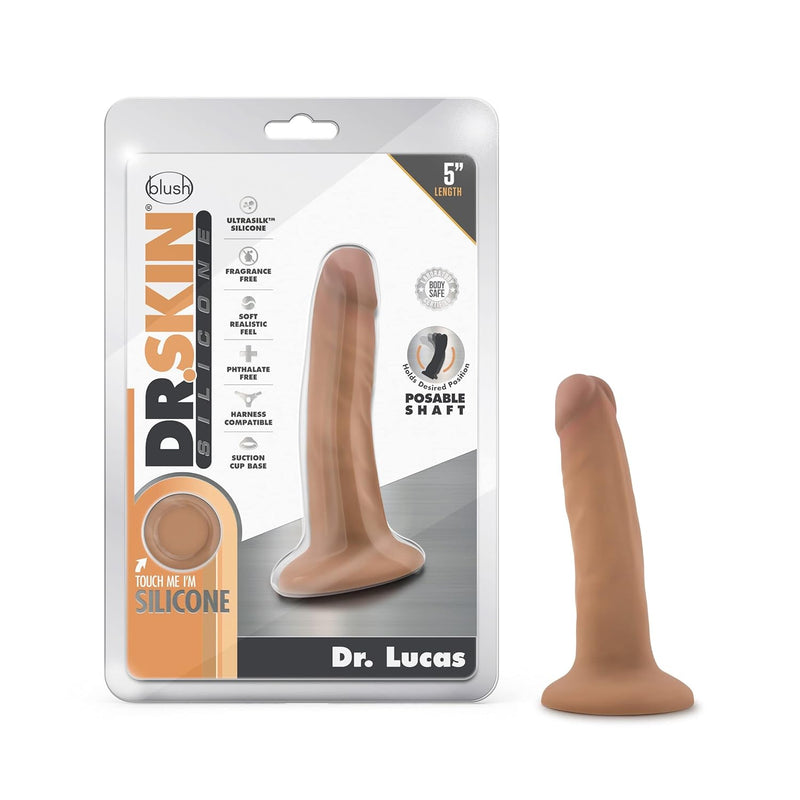 Dr. Skin - Dr. Lucas - 5 Inch Realistic Dildo With Suction Cup - Harness Compatible - Posable - Silky Smooth - Platinum Cured Silicone - Sex Toy For Men Women Couples - Mocha