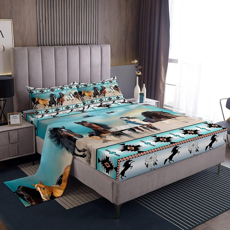 Horses Sheet Set Teal Southwestern Native Aztec Bed Sheets,Farmhouse Wildlife