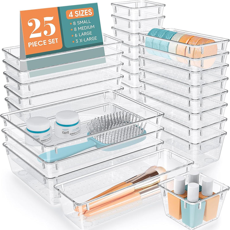 25 Pcs Clear Plastic Drawer Organizer Set, 4 Sizes Desk Drawer Divider Organizer