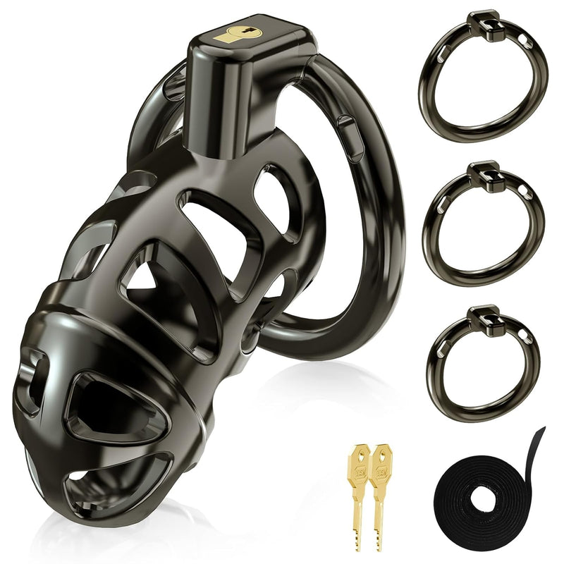 Male Metal Cock Chastity Cage - Large Chastity Device Locked With 3 Active Sizes Rings 2 Keys & Elastic Auxiliary Belt And Invisible Lock, Adult Sex Toys & Games For Men Penis Exercise And Abstinence