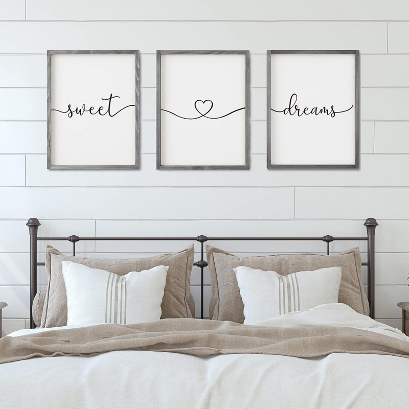 Set Of 3 Framed Farmhouse Sweet Dreams Sign 11X14” Above Bed Wall Decor For Be