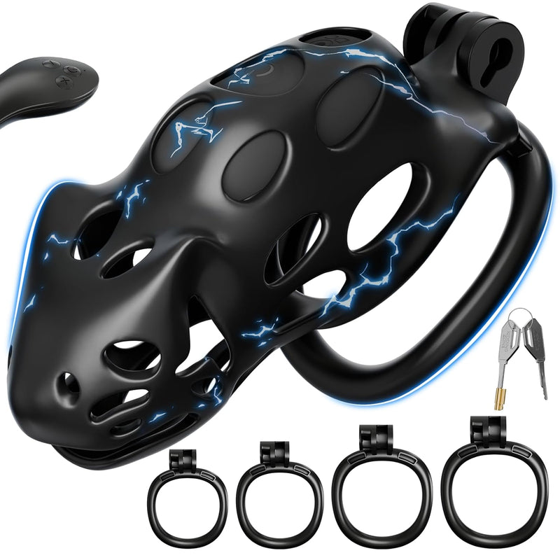 Sex Toy Electric Shock Male Chastity Cage, Chastity Devices Cock Cage With 7 Vibrations 7 E-Stim Intensities Remote Control, Bondage Gear Penis Cage With Invisible Lock 4 Rings, Bdsm Sex Toys For Men