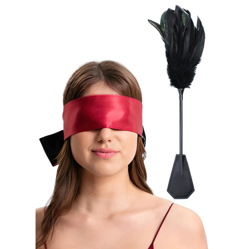 Sex Blindfold And Adult Tickler Set For Bedroom Play, Sex Feather Tickler And Bdsm Eye Mask Red 59"