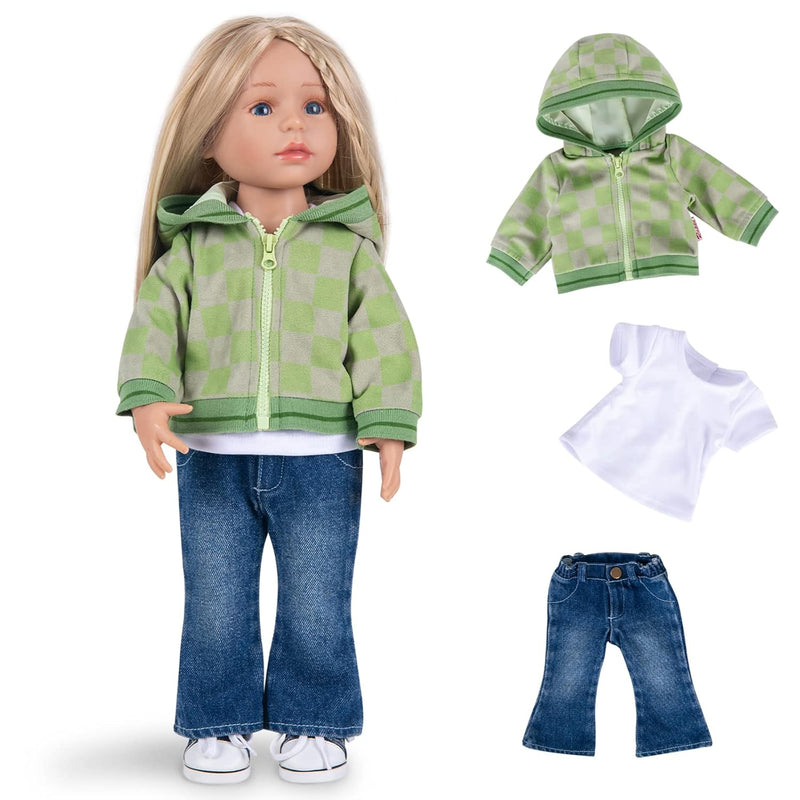 Doll Clothes Set 3 Pc. Set Includes Green Coat Blue Jeans & White T Shirt Baby