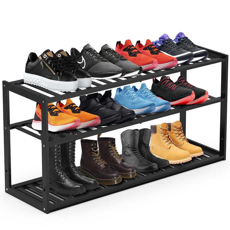 Bamboo Shoe Rack For Closet, Stackable 3 Tier Longer Shoe Organizer Shelf Holder
