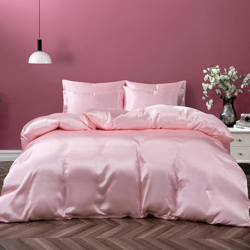 5 Pieces Satin Duvet Cover Full/Queen Size Set, Luxury Silky Like Blush Pink D