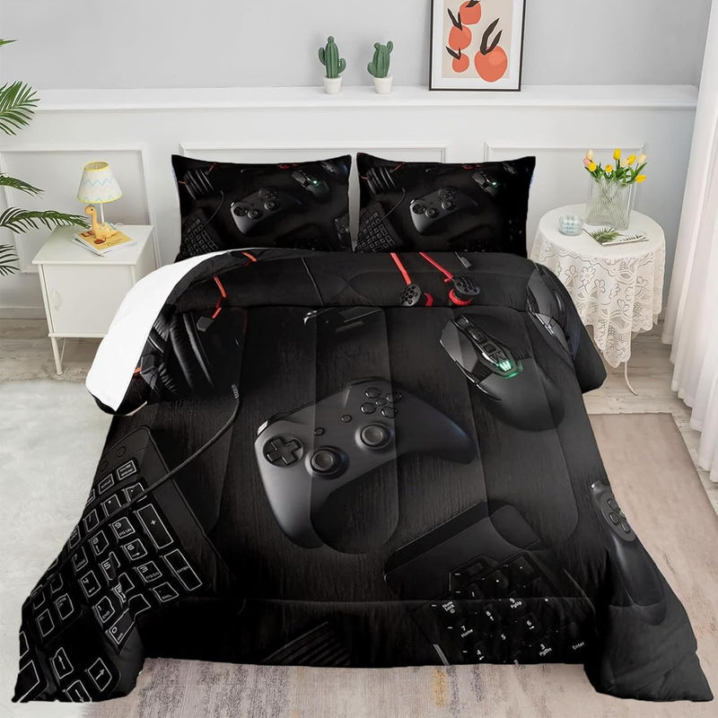 Gamer Comforter Set Twin Size For Boys Kids 3D Gaming Microfiber Quilts Black